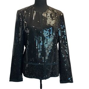 Jeremy D Black sequin open front Blazer jacket Sz L sparkly cocktail party
